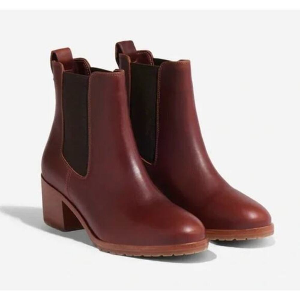 Nisolo‎ Red Brown Leather Block Heel Chelsea boots